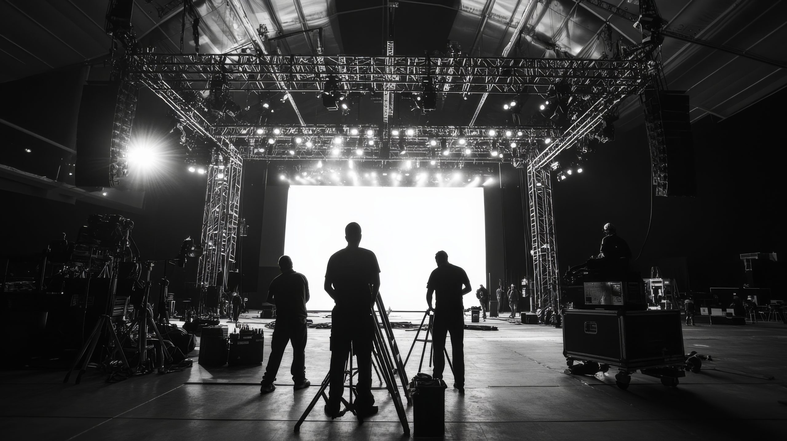 A group of workers diligently constructs a large metal frame resembling an archway. The dark theater provides a backdrop of preparation for an upcoming performance